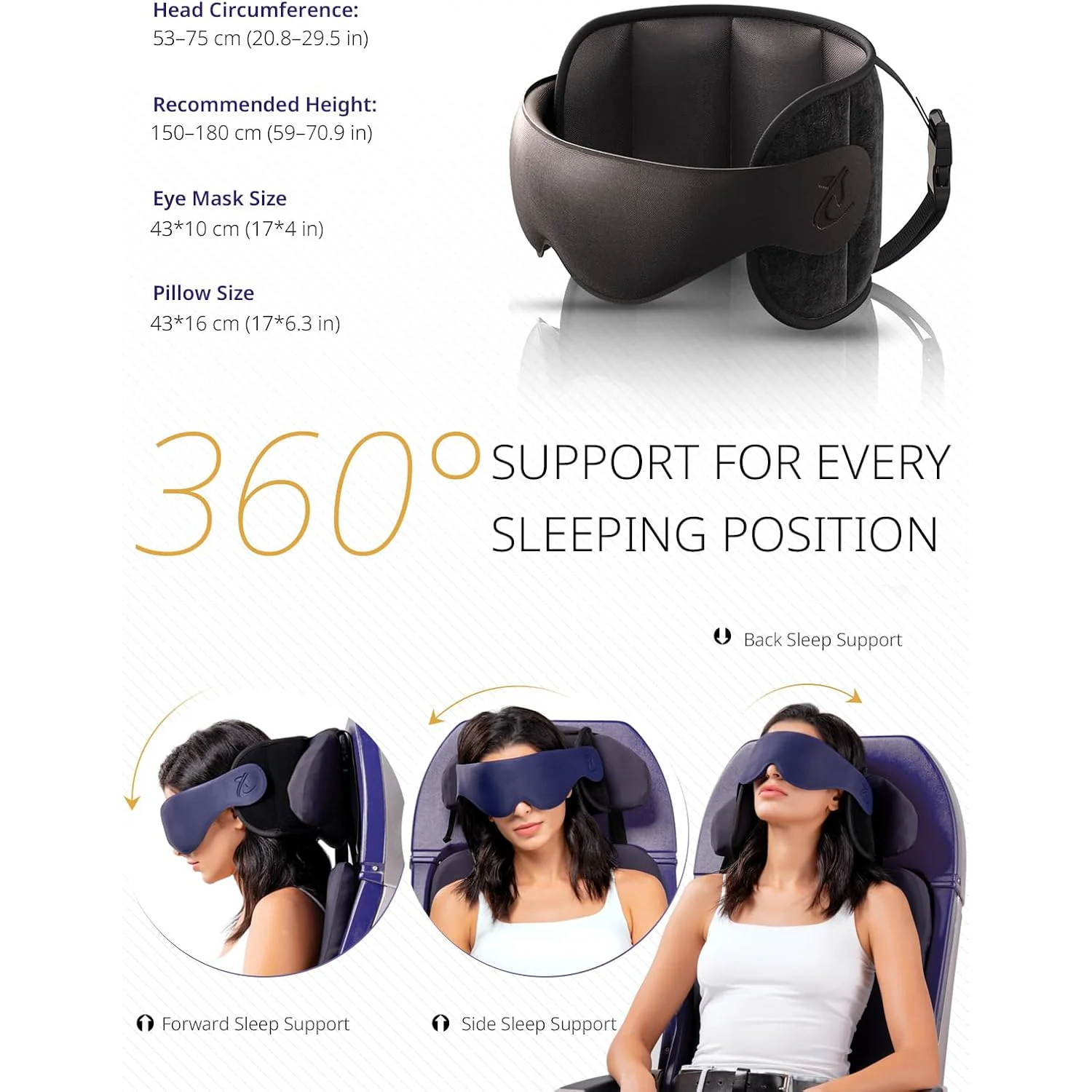 Almohada De Viaje, Almohada Cervical Para Avión Con Mascarilla 3D Para Dormir, Soporte De Cabeza 360° Con Correa Para Asiento, Ideal Para Vuelos Largos Y Viajes En Coche, Negro